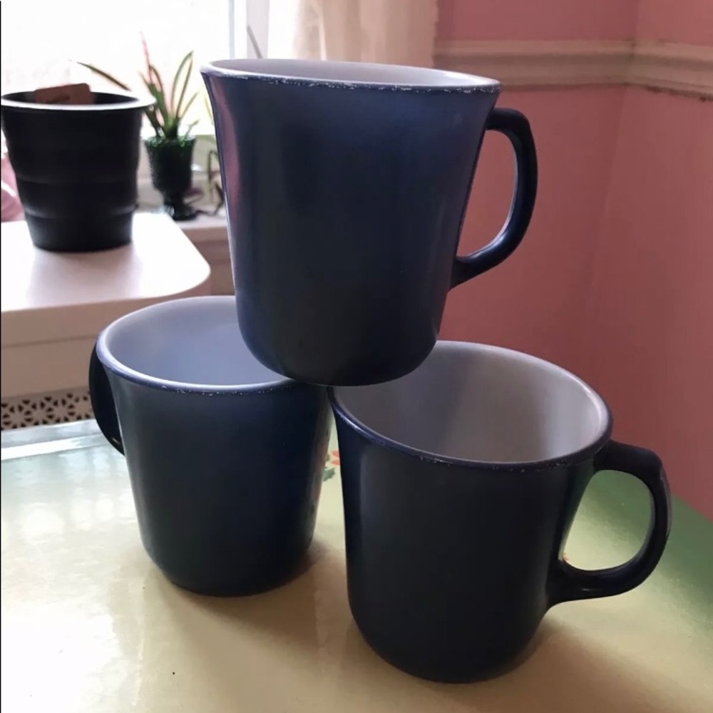3 Vintage Pyrex Coffee Mugs Cups D-Handle Blue Slate Milk Glass.